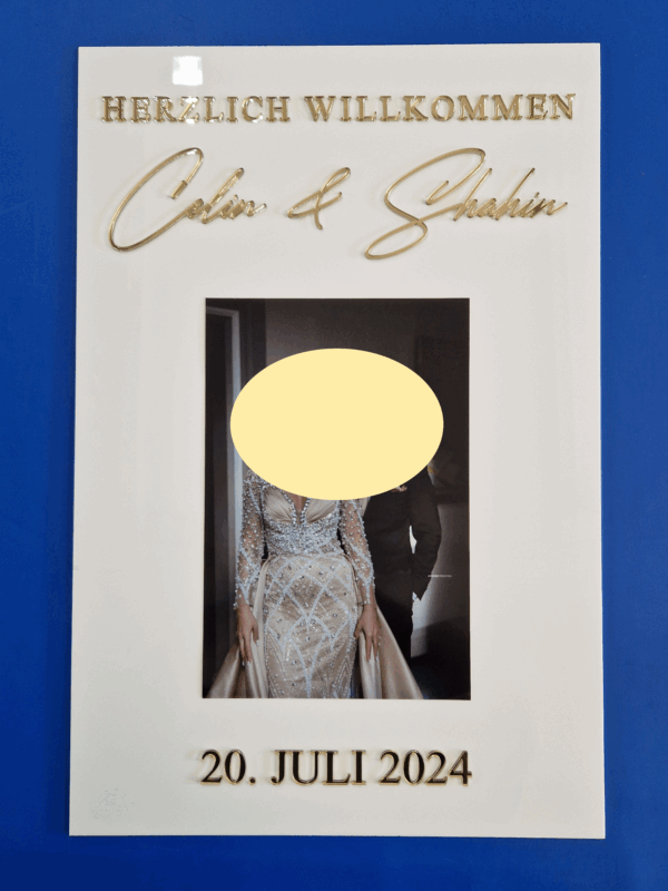 Empfangsschild mit Foto des Brautpaares